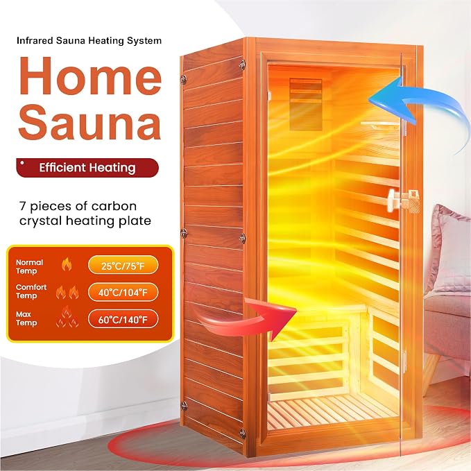 Far Infrared Sauna for Home 1 Person Indoor Wood Sauna Personal Spa Room 1065W 120V with Red Light Bluetooth Speakers 31.5"x31.5"x63"