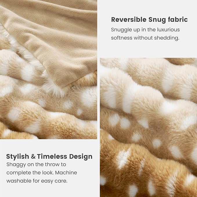 Cozy Bliss Deer Print Faux Fur Throw for Couch, Fuzzy Soft Plush Thick Bubble Blanket for Sofa Bedroom Living Room, 50x60 Inches