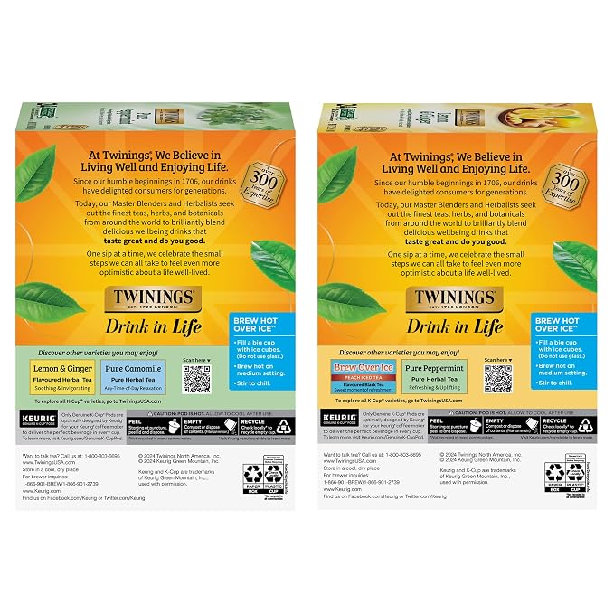 Twinings Pure Peppermint Herbal Tea K-Cups for Keurig, 24 Count (Pack of 1) + Lemon & Ginger Herbal Tea K-Cups for Keurig, 24 Count (Pack of 1)