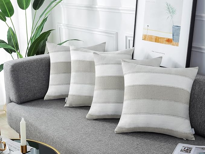 Pack of 2 Farmhouse Stripe Check Throw Pillow Covers Set Case Cotton Linen Decorative Pillowcases Cushion Cover for Couch Bench Sofa 18x18Inch Light Grey Beige