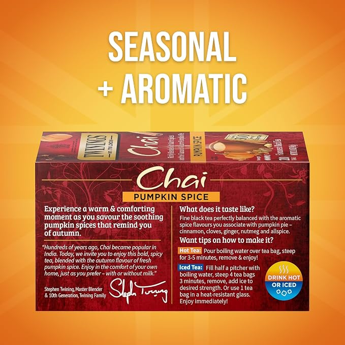 Twinings Pumpkin Spice Chai Black Tea Individually Wrapped Bags, 20 Count (Pack of 1), Warm, Spicy & Aromatic, Caffeinated, Enjoy Hot or Iced, 20 Teabags