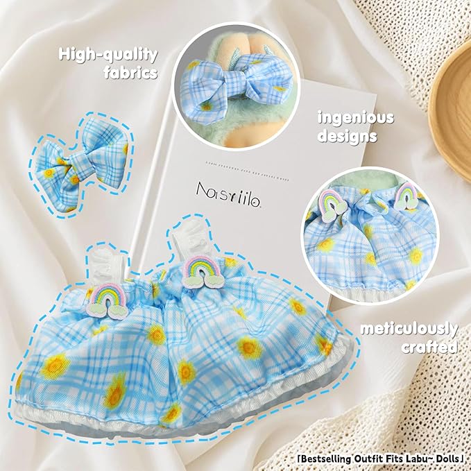 2025 Clothes for bubudoll(No Dolls Included), Designed for bubuclothes, Can Be Used to Change Outfit for Your 15&17cm Dolls(Blue and White Plaid Dress 2pc Set)