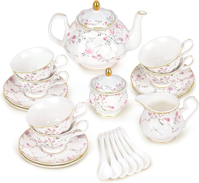 fanquare 21-Piece Gold Vine Floral Porcelain Tea Sets with Sugar Bowl Creamer Teacups, English Bone China Tea Service for Women TeaParty Family Gathering Home Décor