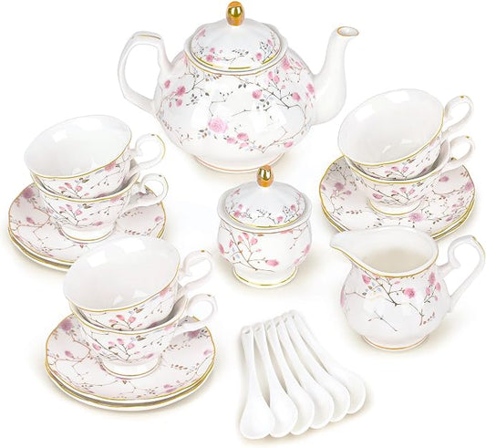 fanquare 21-Piece Gold Vine Floral Porcelain Tea Sets with Sugar Bowl Creamer Teacups, English Bone China Tea Service for Women TeaParty Family Gathering Home Décor