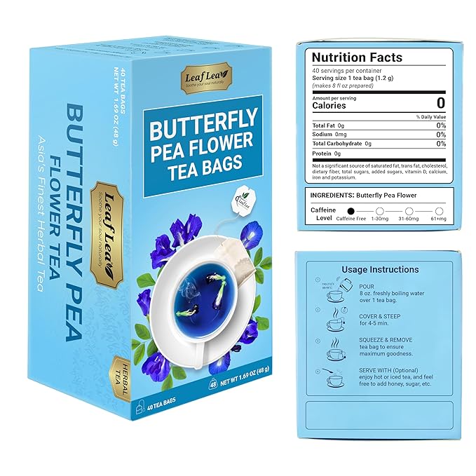 LeafLea Butterfly Pea Tea Bags, 100% Butterfly Pea Flowers, 80 Count | Natural Herbal Tea For Blue And Purple Drinks, Mocktails, Food Coloring, Caffeine-Free, Sugar-Free, Non-GMO, Pack Of 2