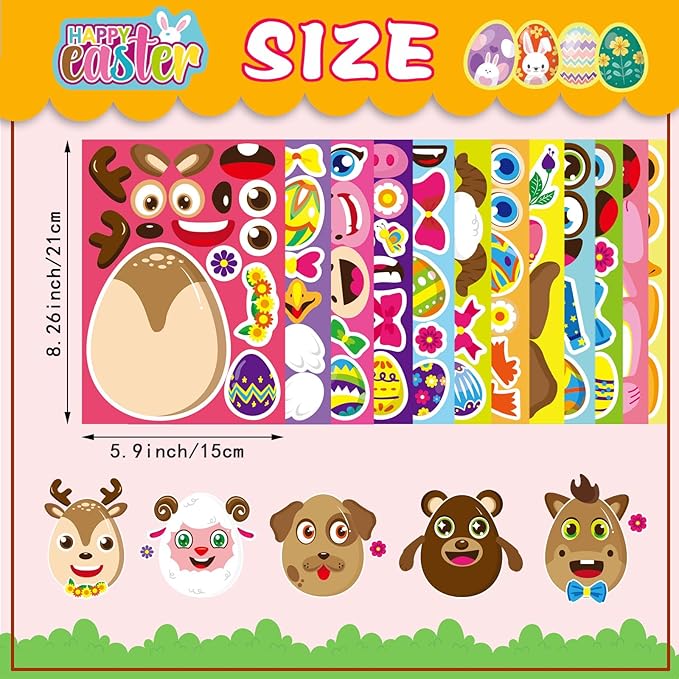 DUJAA 24 Sheets Easter Stickers for Kids Make Your Own Animal Mix and Match Stickers with Easter Egg Themed Pig, Bunny, Chicken, Cow, Sheep, Duck Craft Party Favor Supplies