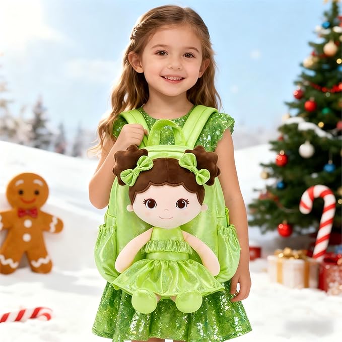 Lazada Toddler Backpack - Baby Girl Gifts Curly Fingerprints Plush Doll Dress Backpack - Fashion Girls Curly Rolled Fingerprints Series - Fluorescent Green 11 Inches