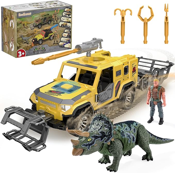 EKU Dinosaur Transport Truck with Trailer and 10 Sounds, Launcher, Clamp, Heads Moves Attack Triceratops Figure, Human, Carrier, Push and Go Adventure Vehicle for Jurassic World Toys Kids Boys Girl 3+