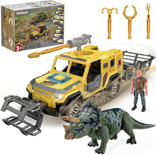 EKU Dinosaur Transport Truck with Trailer and 10 Sounds, Launcher, Clamp, Heads Moves Attack Triceratops Figure, Human, Carrier, Push and Go Adventure Vehicle for Jurassic World Toys Kids Boys Girl 3+