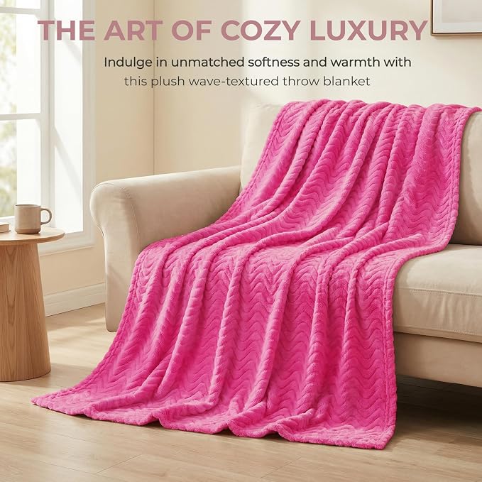 Exclusivo Mezcla Soft Fleece Blanket King Size for Bed, Sofa, Hot Pink | 90"x104" Breathable Lightweight Flannel Blanket for Summer, Plush Cozy Jacquard Wave for Home Decor
