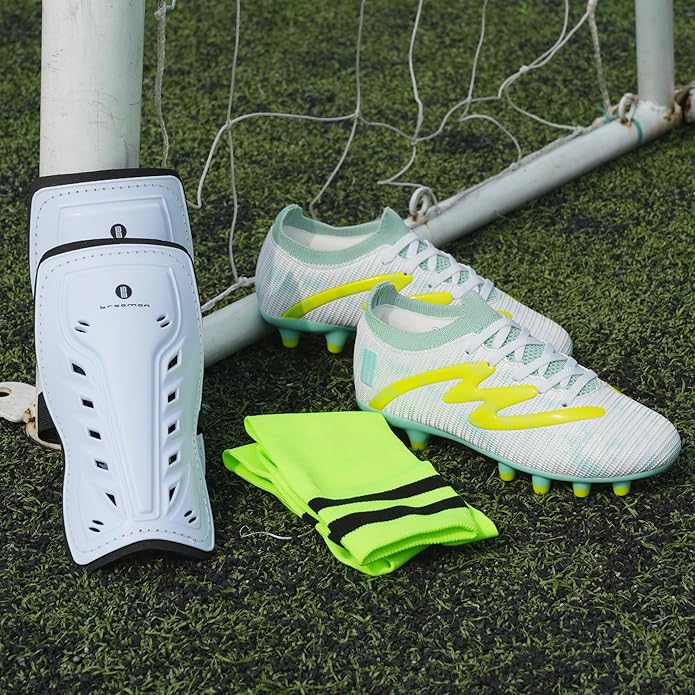 brooman Kids Firm Ground Soccer Cleats Boys Girls Football Shoes with Shin Guards and Soccer Socks