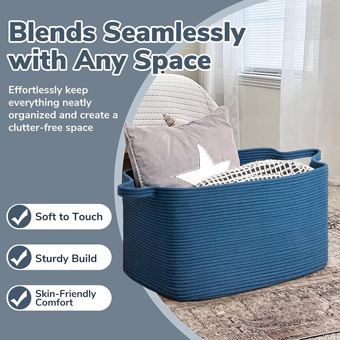 Goodpick Large Woven Rope Blanket Basket, Rectangle, Dark Blue | 21.6'' x 14.9'' x 11.8'' Storage Basket for Blankets & Toys, Living Room, Bedroom & Nursery Organization, Reinforced Handles