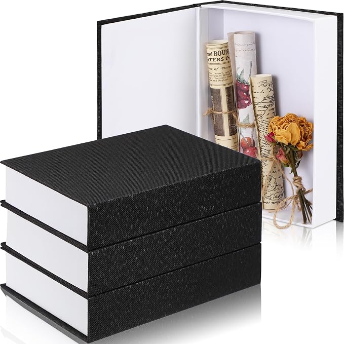 Tioncy 3 Pcs Decor Linen Faux Book Box Set Aesthetic DIY Fake Linen Book Box for Decor Storage Cafe Table Bookshelf Gift Home Keepsake(8.6 x 6.1 x 1.8 Inch,Black)