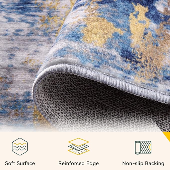 RELEANY Washable Area Rugs 2'x8' Non-Slip Modern Abstract Soft for Living Room Entryway Bedroom Kitchen, Print Pattern, Grey Blue Gold/Golden