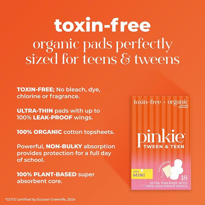 Pinkie Period Starter Pads - Designed for Smaller Underwear - Organic Cotton Topsheet Tween & Teen Pads with Wings - Chlorine Free & Fragrance Free - Teen Mini, 18 Count