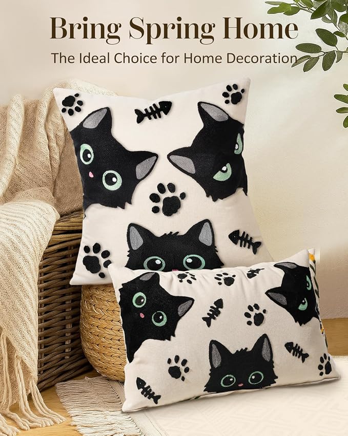 Embroidered Lumbar Pillow Cover 20x12 Inch, Cat Bone | Decorative Throw Pillow Cover, Whimsical Cushion Case with Hidden Zipper, Cottagecore Decor for Couch, Sofa, Living Room