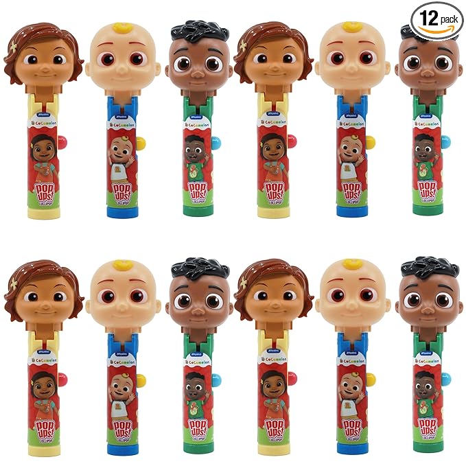 Pop Ups! CoComelon Classic Lollipop Holders - Nina, JJ, and Cody - 12 Lollipops with Cases - Individually Wrapped Candy Party Favors for Halloween - CoComelon Classic Candy - Bulk Set of 12