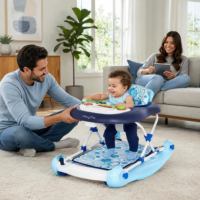 Dream On Me Go-Getter Baby Walker with Rear Push Handle, 2-in-1 Activity Walker and Walk-Behind, 3 Height Adjustments, Easy to Fold, Machine-Washable Seat Pad, Detachable Fun Tray, Blue