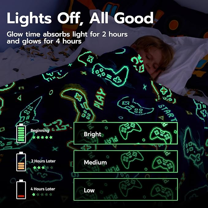 Joiedomi Glow in The Dark Gaming Blanket Gamer Gifts for Boys Age 2 3 4 5 6 7 8 9 10 11 12 Year Old, Soft Cozy Flannel Kids Throw Blanket, Birthday Bedroom Decor Dark Blue 50"×60"