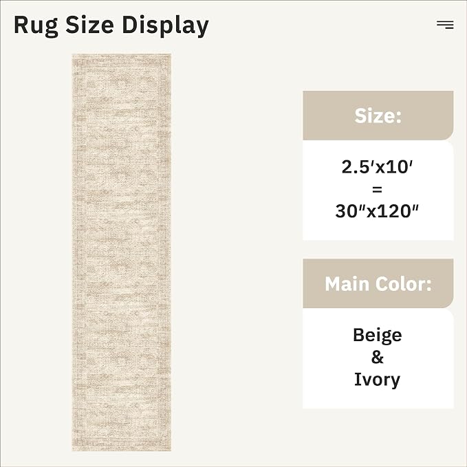 Soalmost Hallway Runner Rug 2'6"x10' Non-Slip Runners for Kitchen Beige | Washable Vintage Long Rugs 2.5x10ft Bathroom, Thin Low Pile Foldable 10ft Floor Carpet Mat for Entryway Corridor Bedroom