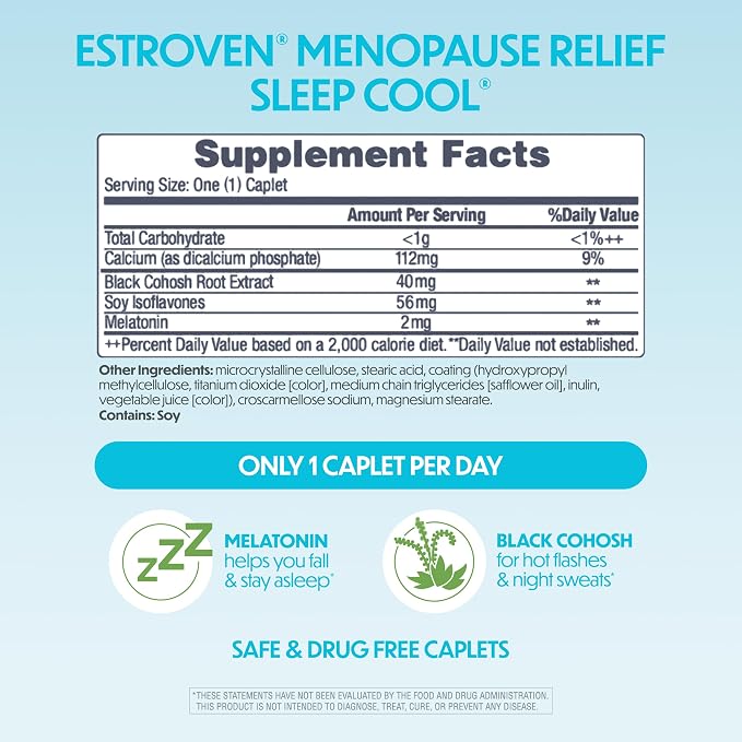 Estroven Sleep Cool for Menopause Relief, 30 Ct, Sleep Support Supplement With Clinically Proven Ingredients to Relieve Menopause Symptoms plus Night Sweats & Hot Flash Relief, Drug-No & Gluten-No