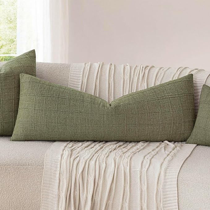 Foindtower Set of 2 Decorative Linen Check Throw Pillow Covers Neutral Long Body Lumbar Cushion Covers Farmhouse Vintage Boho Home Decor for Sofa Chair Couch Bedroom Living Room,14×36 Inch,Sage Green