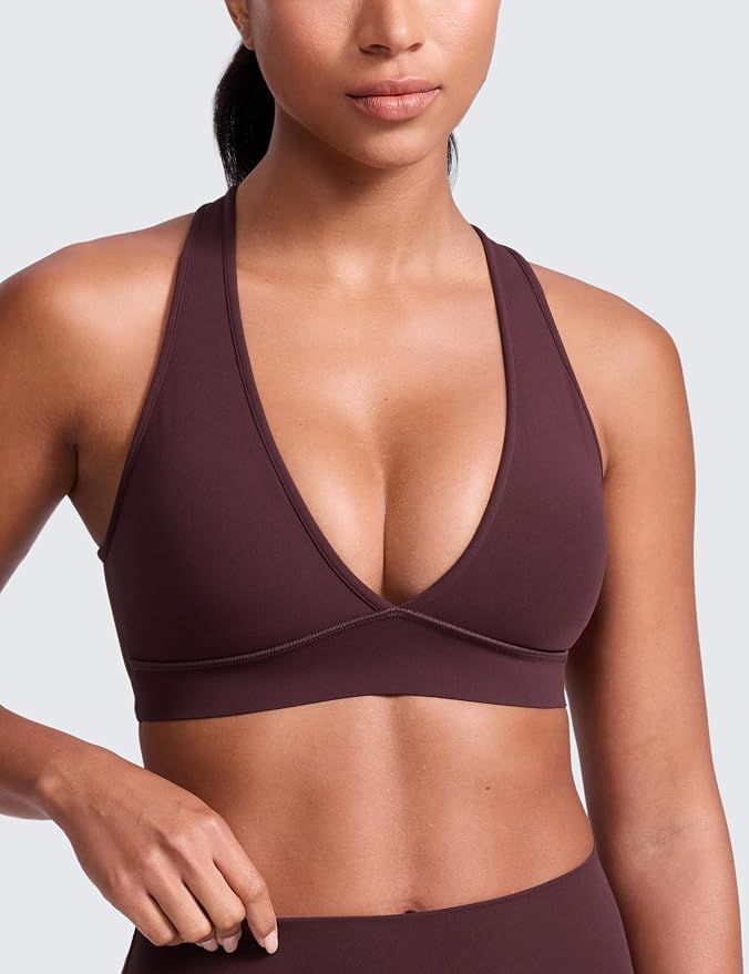 CRZ YOGA Butterlift Deep V Neck Sports Bras for Women - Padded Gym Wide Straps Cut-Out Cross Back Crop Pilates Workout Top