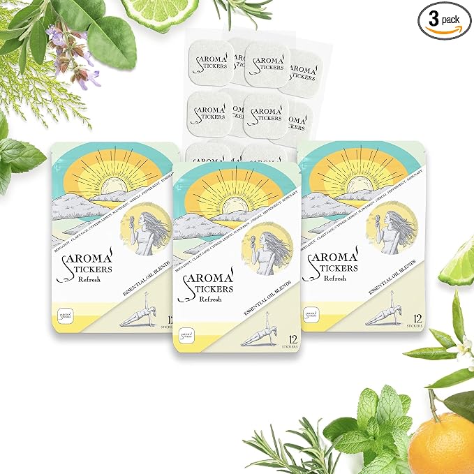 Original Blend REFRESH Edition- 100% Natural Essential Oil Scented Mask Stickers for Face Mask & Pillow (12 Stickers/pc) -Personal Aroma/Relaxing (Pack of 3)