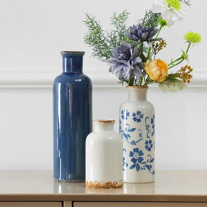 Ceramic Vases Set of 3, Blue and White Vintage Flower Vase Waterproof | Farmhouse Rustic Vase for Pampas Grass & Dried Flowers, Flower Vase for Table Living Room Home