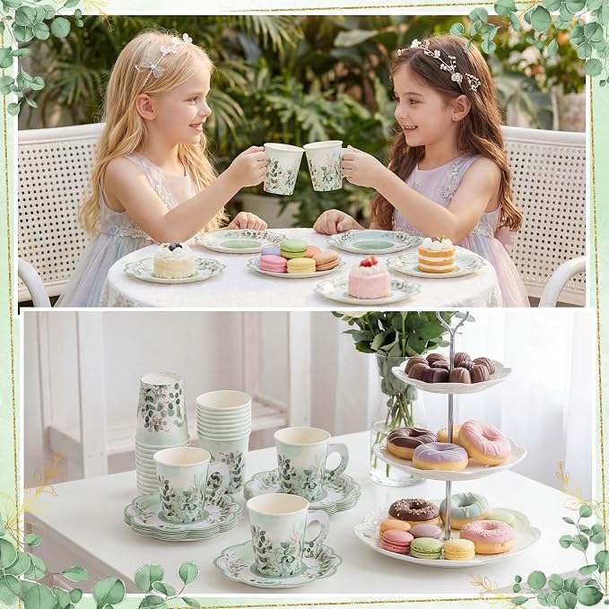 NatNarr 24 Sets Eucalyptus Leaf Tea Party Cups, 7 OZ Disposable Paper Tea Cups with Handle and Plates Teacups and Saucer Sets for Bridal Baby Shower Wedding Birthday Spring Party
