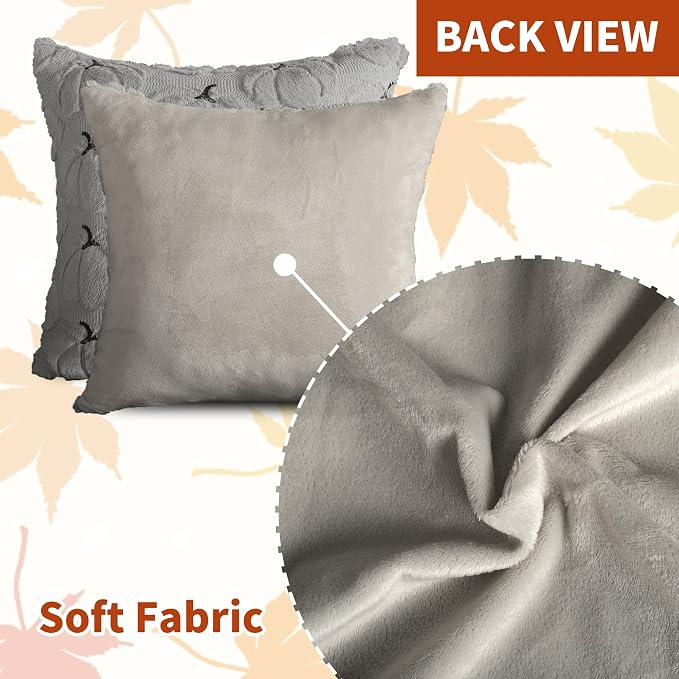 Fall Pumpkins Decorative Pillow Covers 18x18 Set of 2, Gray Soft Plush Faux Fur Wool Farmhouse Throw Cushion Cases for Autumn Thanksgiving Holiday Home Decorations