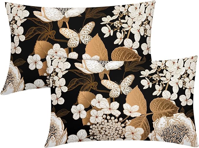 Vintage Floral Lumbar Pillow Covers 12X20 Inch Set of 2 White Flowers Gold Leaves Botanical Decorative Pillow Cases Rustic Leaf Black Cotton Linen Cushion Case Farmhouse Home Decor For Sofa Couch