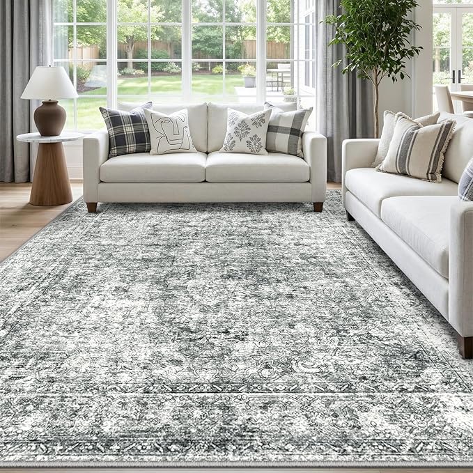 CAPALOCA 9x12 Washable Nursery Girls Low Pile Area Rug Grey | Non-Slip Soft Rugs for Bedroom Kids Playroom Living Room, Print Pattern Water Repellent Carpet Indoor Decor