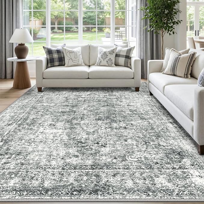 CAPALOCA 7x9 Washable Nursery Girls Low Pile Area Rug Grey | Non-Slip Soft Rugs for Bedroom Kids Playroom Living Room, Print Pattern Water Repellent Carpet Indoor Decor