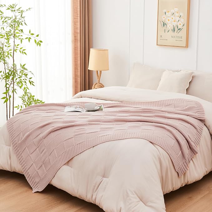CozeCube Pink Knitted Checkered Throw Blanket 60"X80" | Check Knit Throw for Couch, Decorative Christmas Soft Cozy Warm Blanket for Bed Sofa Living Room