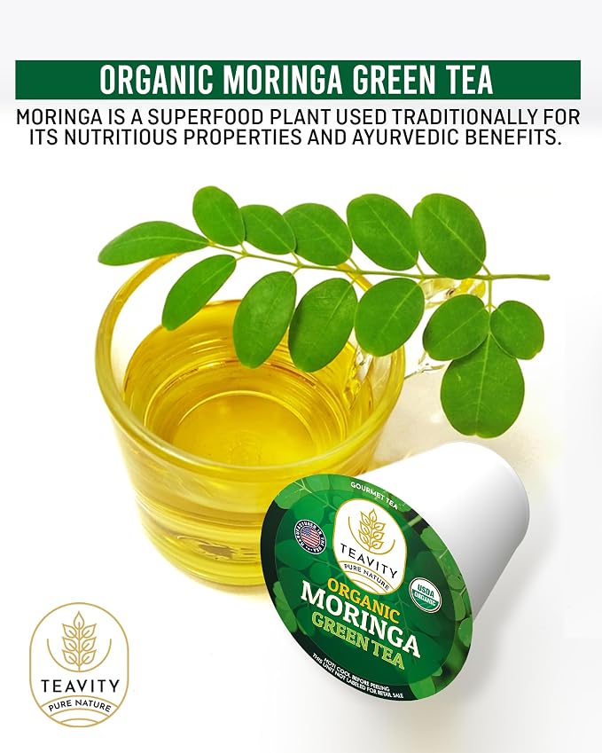 Organic Moringa Green Tea Pods for Keurig - Naturally Caffeinated by Teavity (36 Tea Pods)