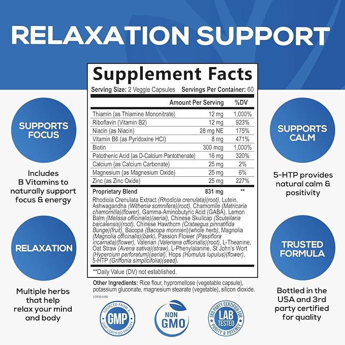 Stress Support Supplement - Extra Strength Ashwagandha, GABA, Magnesium, L-Theanine for Relief - Supports Mood & Focus - Naturally Calm, Unwind & Relax - Eases Tension & Nervousness - 60 Capsules