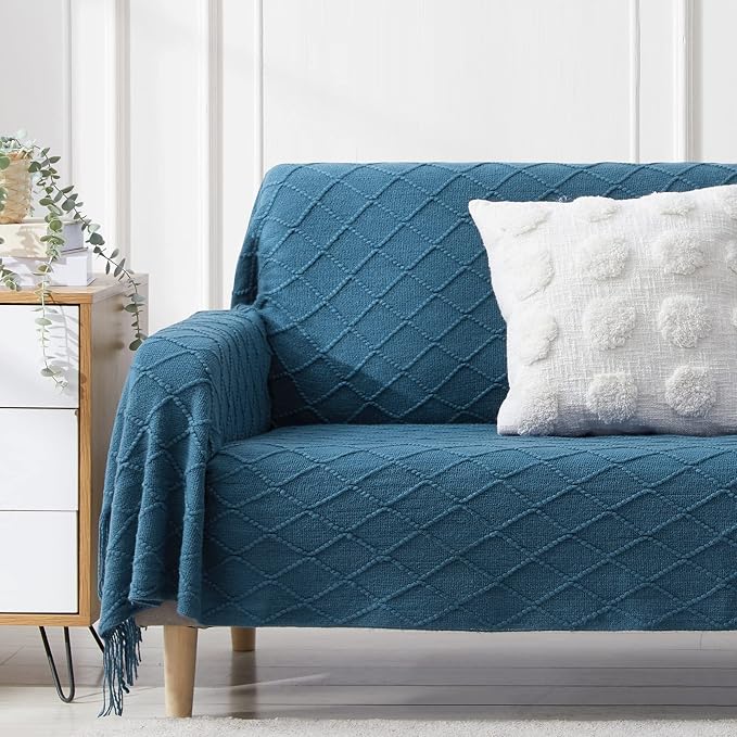 BOURINA Royal Blue Throw Blanket 50x90 Inch Knitted Soft Throw Sofa Blanket | Knitted Throw Blanket 50x90 Inches, Soft Lightweight Boho Weave Throw Decorative Couch Blanket for Living Room Bedroom Chair