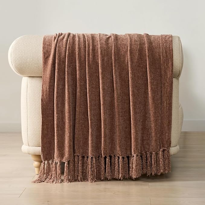 Chenille Knit Throw Blanket for Couch, 50"x60", Clay | Cozy Plush Fuzzy Knittd Throw with Tassels, Lightweight, Decorative, Farmhouse Decor, Ideal for Bed Sofa Gift, All Seasons