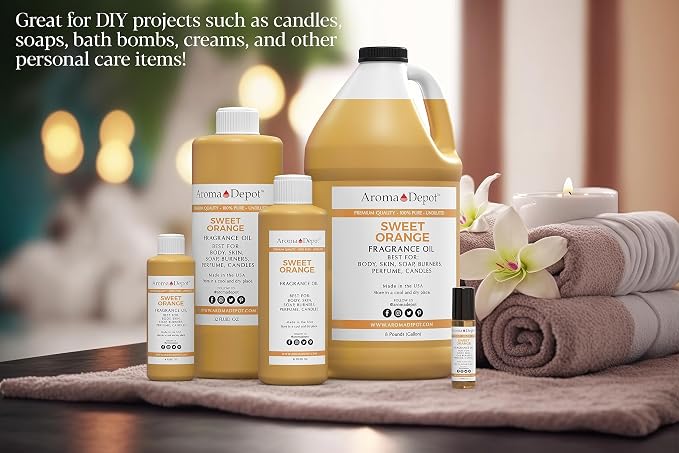 Aroma Depot Sweet Orange Fragrance Oil 4 oz. Perfume Skin Oil, Scented, is Great for Candles, Bath Bombs, Body Butters, Creams & Lotions. Few Drops in The Diffuser, Burners, or Warmers.