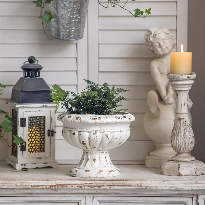 SOFE Vintage Large Pedestal Vase, 11 Inches Tall, Handmade Shabby Chic | Front Porch Garden Planters, White Resin Compote Flower Pot, French Country Home Decor, Landscaping Container Accent