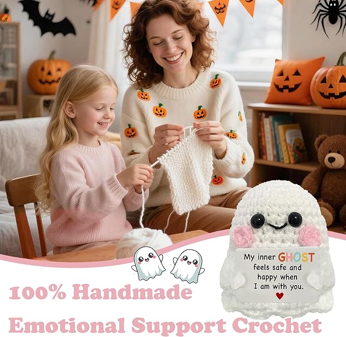 Halloween Handmade Emotional Support Crochet Positive Ghost Crochet Animals Emotional Support Crochet Gift,Inspiring Gifts for Him Her,Men Women, Colleague Son