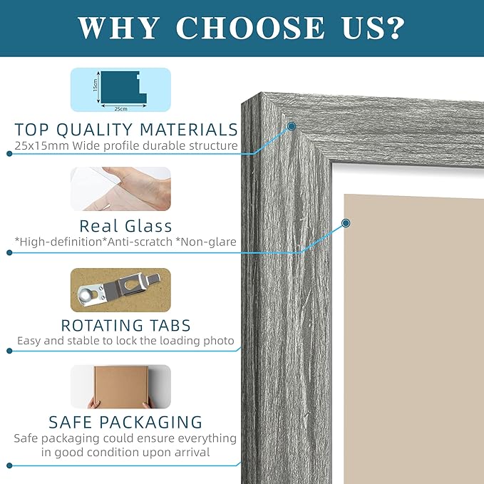 Hongkee 8x12 Picture Frame Set of 4, Made of Glass and Grey Wooden Frame - Display 6x8 Picture with Mat or 8 x 12 Poster Without Mat, 8 by 12 Photo for Wall or Tabletop