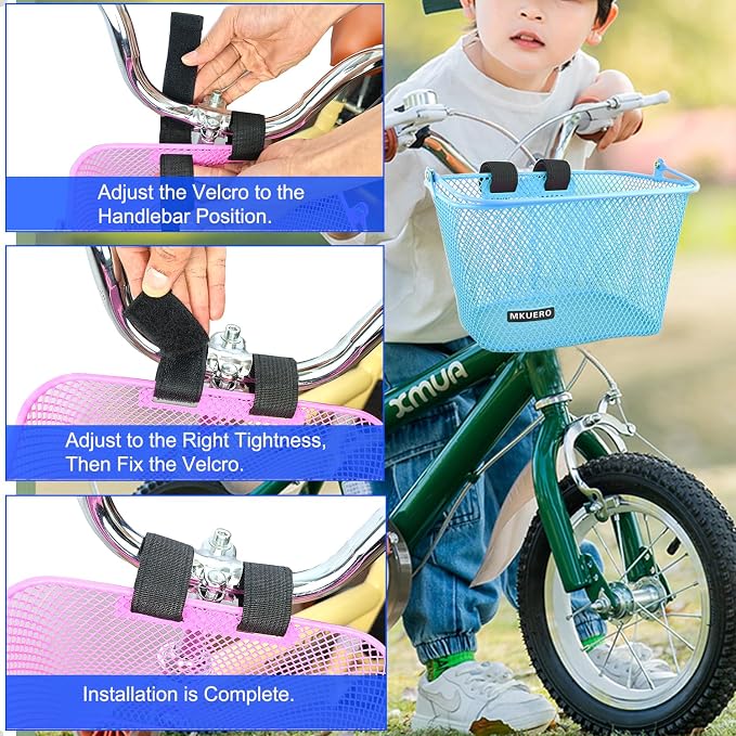 Kids Bike Basket - Front Bicycle Basket for Children, Metal, Cute Decorative Accessory for Kids Bikes & Scooters