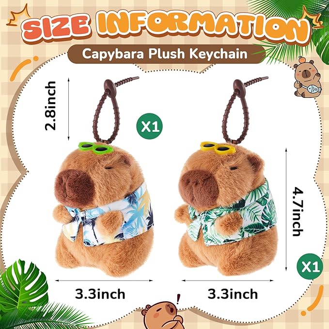 2 Pcs Capybara Plush Keychain Capybara Stuffed Animals Plush Pendant for Christmas Gifts Exchange Birthday Party(Hawaiian Shirt)