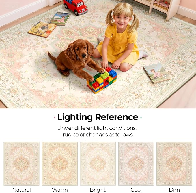 CAPALOCA 2x3 Washable Nursery Girls Low Pile Area Rug Pink Green | Non-Slip Soft Rugs for Bedroom Kids Playroom Living Room, Print Pattern Water Repellent Carpet Indoor Decor