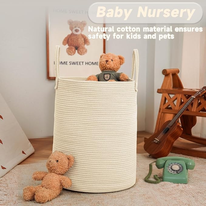 JMvicyroam 80L Cotton Rope Laundry Basket Hamper, Beige | Collapsible laundry basket, reinforced handles, freestanding, machine washable, holds 3-5 thick blankets, clothes or toys