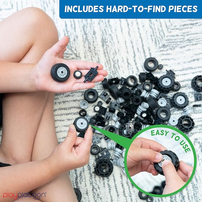 Play Platoon 144 Piece Wheels and Axles Sets, Building Bricks Car Parts and Pieces Kit - Car Building Set with Wheels, Axles & Windshields