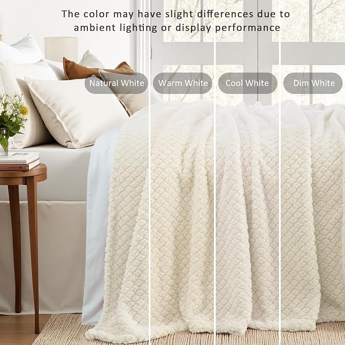Exclusivo Mezcla Soft Fleece Twin Size Blanket for Bed, Ivory | Jacquard Lightweight Cozy Bed Blanket, Breathable Decorative Fuzzy Textured All Season Use, 60x80 Inches