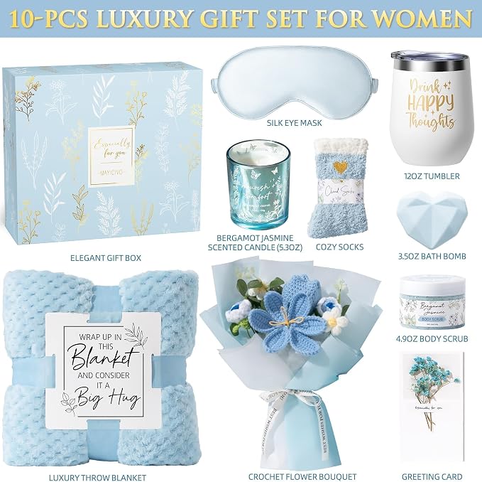 Birthday Gifts for Women, Spa Self Care Package Get Well Soon Gift Baskets | Sympathy Gift Set w/ Crochet Flower Bouquet, Christmas Thinking of You Gifts Basket for Women Mom Her Best Friend Sister Wife